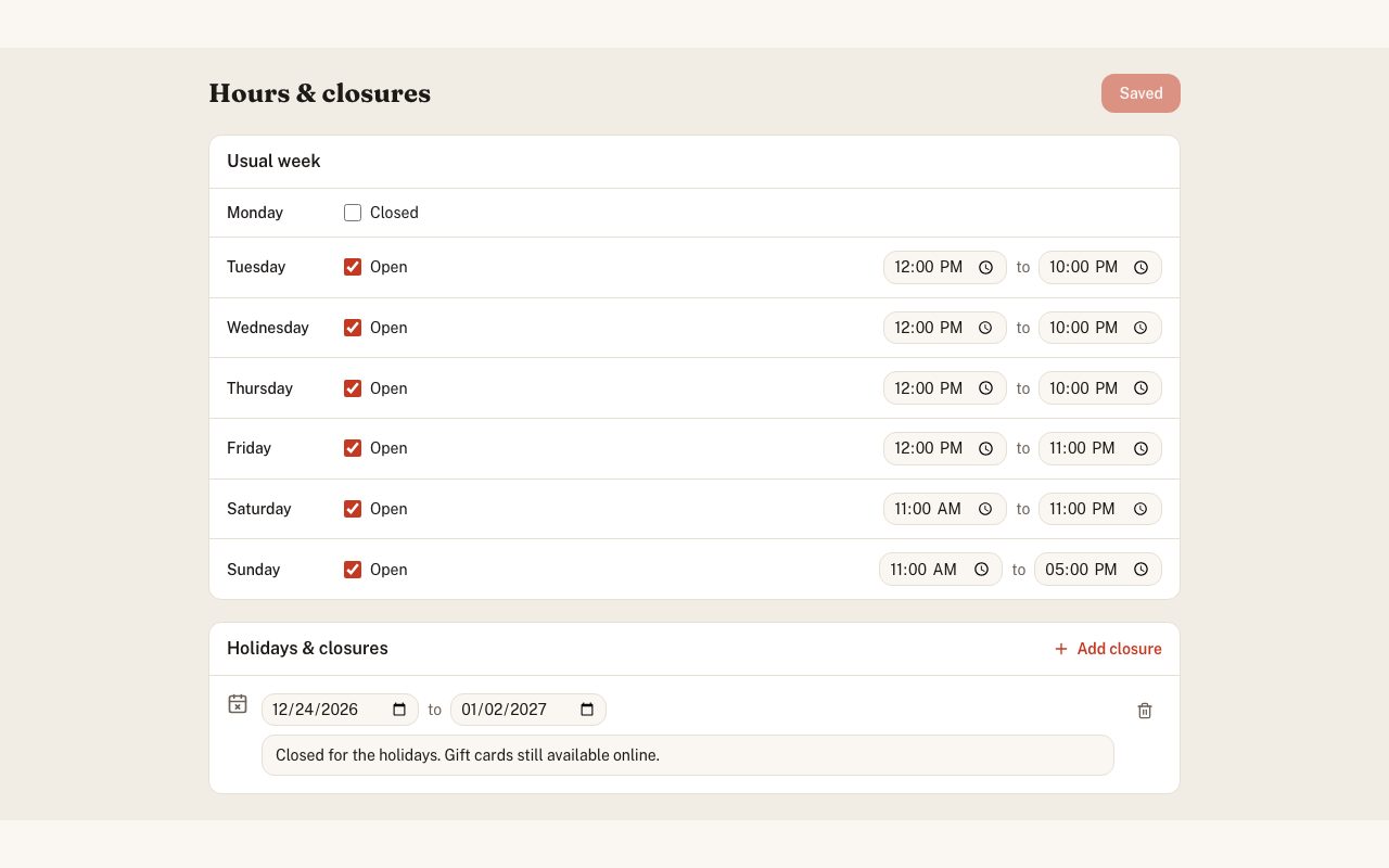 Back Office Hours & Closures preview